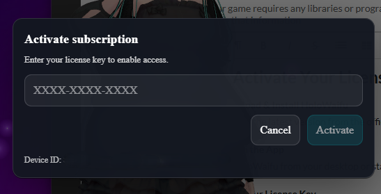 HoloWaifu activation dialog with a license key input field