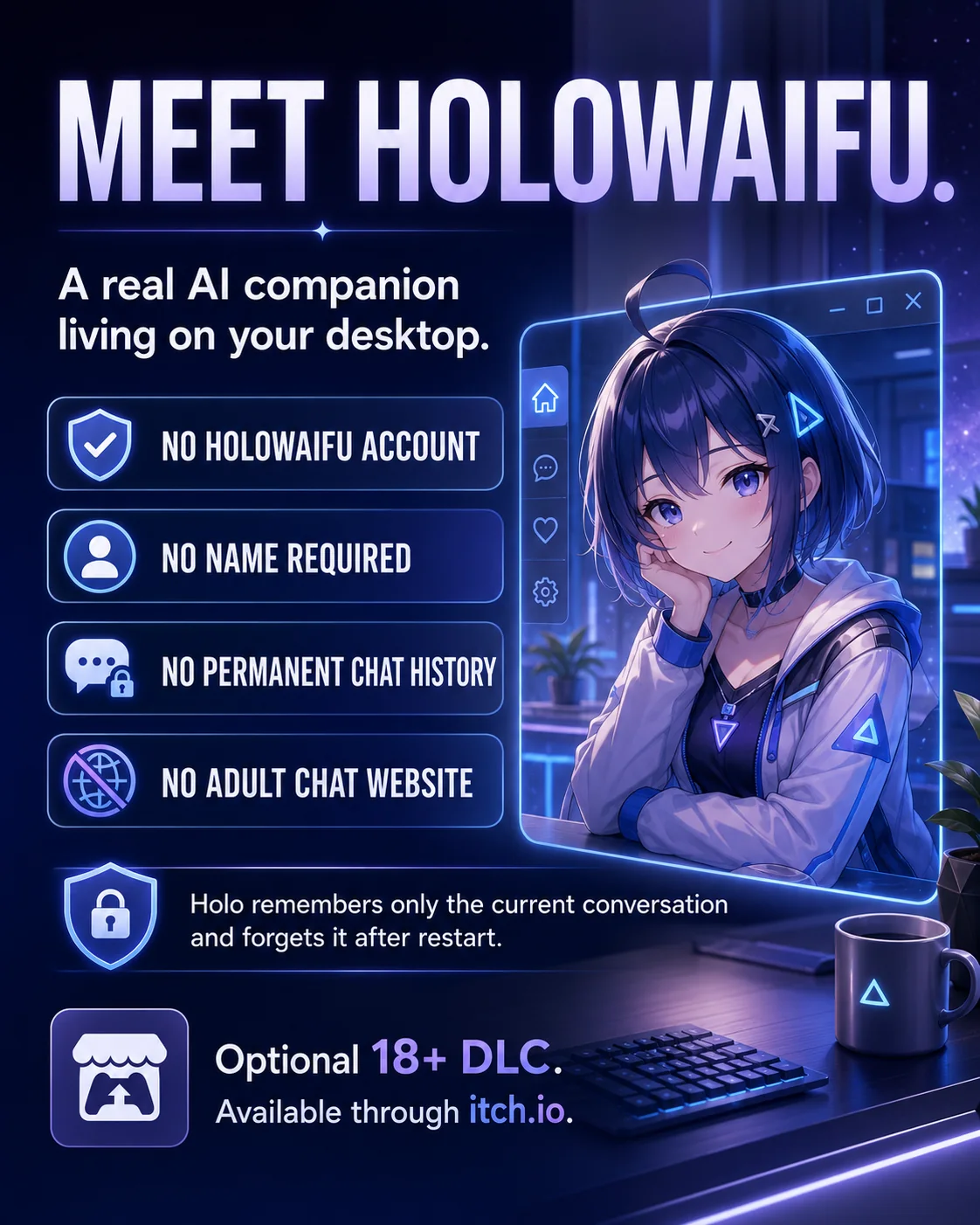 HoloWaifu privacy overview showing no account, no name, no permanent adult chat history, and an optional 18+ DLC